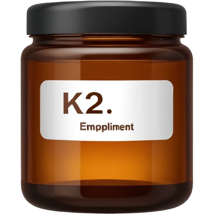 brown glass jar of supplements with white label, black thin title K2  emoji