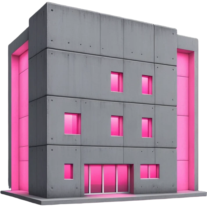 Minimalist Russian-style gray concrete panel building with one window glowing bright pink from grow lights inside, simple rectangular structure with brutalist architecture emoji