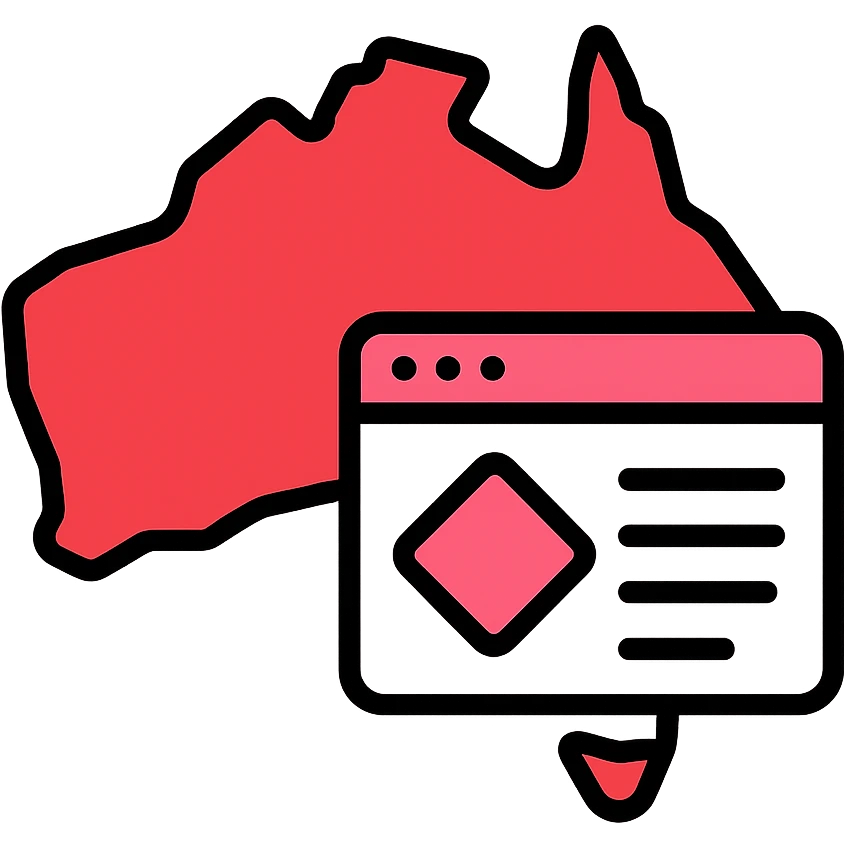 map of Australia with digital web page overlay, modern, red and white, Microsoft Power Pages theme icon emoji