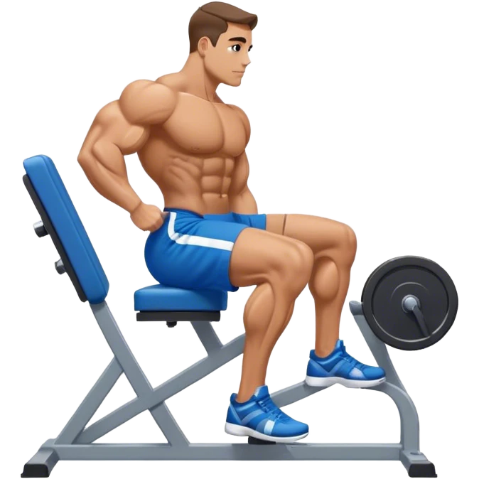 side-view bodybuilder in blue shorts seated weighted calf-raise machine on his tip toes emoji