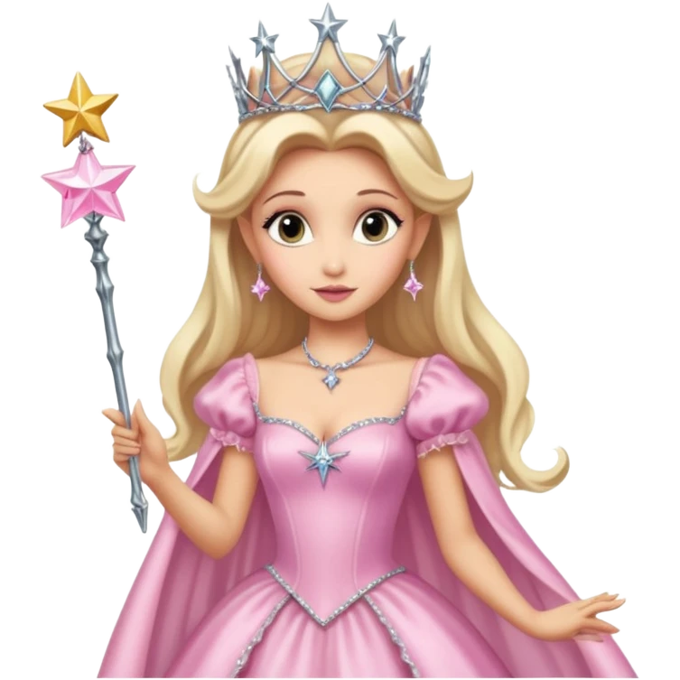 glinda the good witch from wicked movie (ariana grande) blonde hair, beautiful, big silver thin tiara, star wand, pink gown emoji