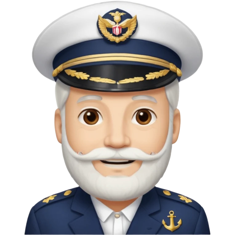 A light-skinned mid-aged man with brown eyes and white beard, smiling while wearing a white captain’s hat with a navy emblem. emoji