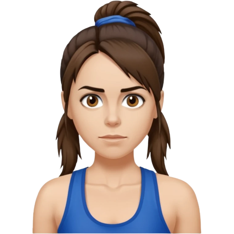 Melanie C with hazel eyes, dark brown long ponytail hair, blue tank top emoji