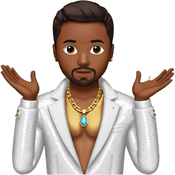 Teddy Riley with dark brown hair, white sequin jacket, shirtless with necklace  emoji
