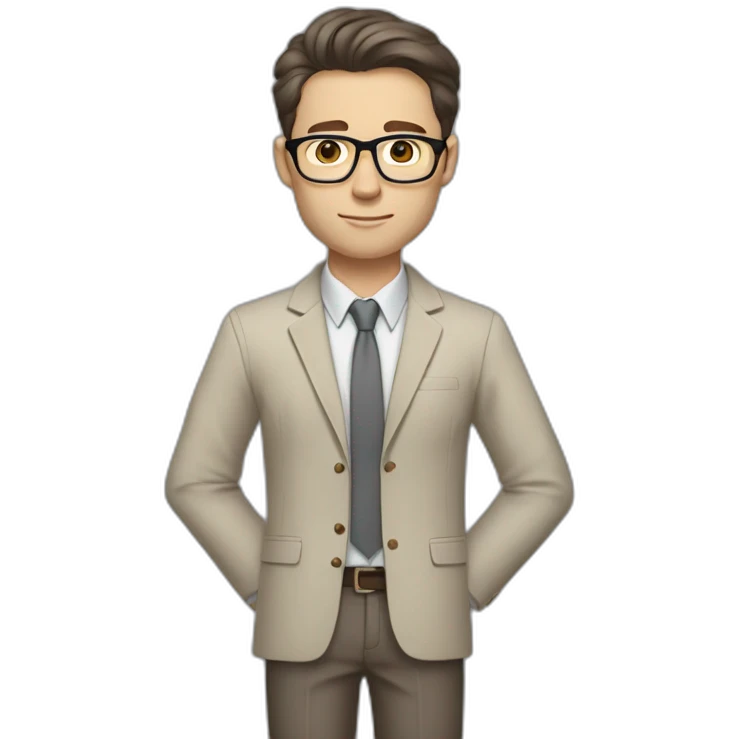 Full height Gesticulating Pale skinned fit man with dark brown hair in gray jacket, beige office shirt, brown tie, brown pants and vintage glasses. emoji