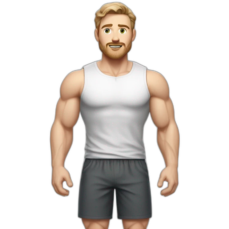 Full height Pale skinned muscular man With Realistic eyes and mouth, light brown hair and stubble In dark gray sleeveless mike, black oversize sports shorts, watch and white sneakers. emoji