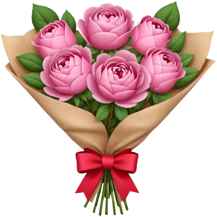 Bouquet of pink flower like rose and peony wrapped in kraft paper with red bow emoji