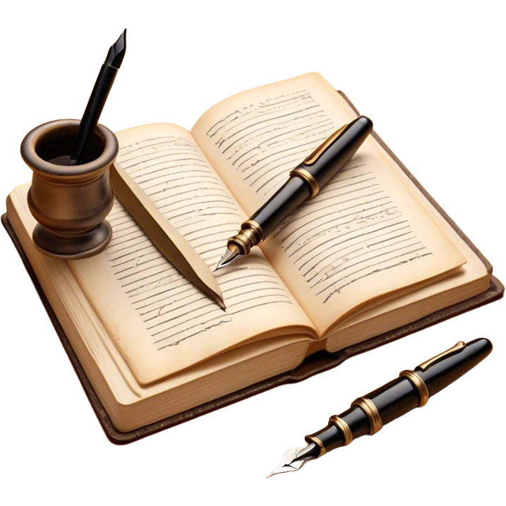 Create a vibrant emoji representing prose writing. The design should feature an open book with pages showing unfinished prose, a classic fountain pen or quill with black or dark blue ink, and a antique ink pot next to it. The pages should have visible lines of text, but some should remain unfinished, symbolizing the creative process. Use warm, earthy tones like brown, gold, and cream for the book and background, with the ink and pen in black or dark blue. The emoji should convey the idea of storytelling, creativity, and the unfinished nature of literary work. Make the background transparent. emoji