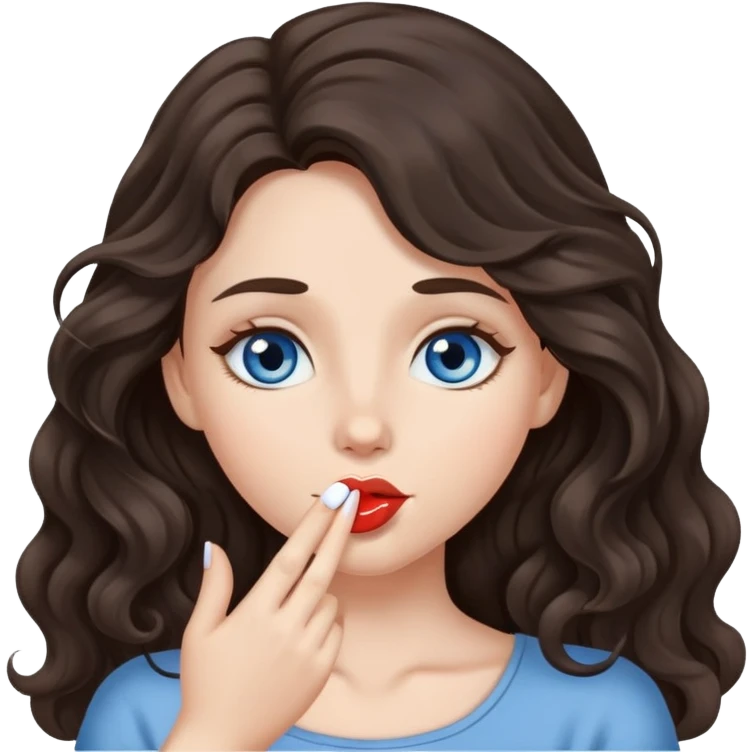 A girl with long, dark brown, wavy hair, grey-blue eyes, Sends a kiss emoji
