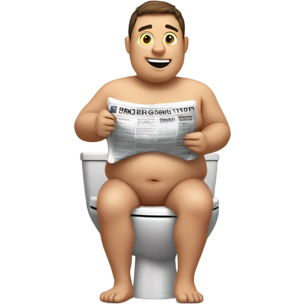 fat guy sitting on toilet reading newspaper no shirt front view emoji