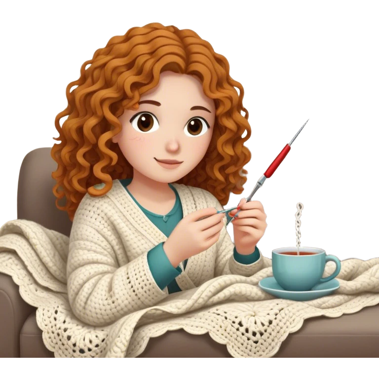 26 year old woman with wavy hair. She is crocheting a garment with a crochet hook and ball of yarn is near her. She is laying on the couch, under a blanket that covers her body and legs. Near her there is a cup of tea emoji