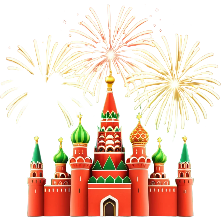 Apple style 3D emoji of New Year fireworks over Moscow. Vibrant multi-colored sparkling bursts (red, gold, green) in the sky. Below, a simplified glossy 3D silhouette of the Kremlin towers with glowing red stars. 
 emoji