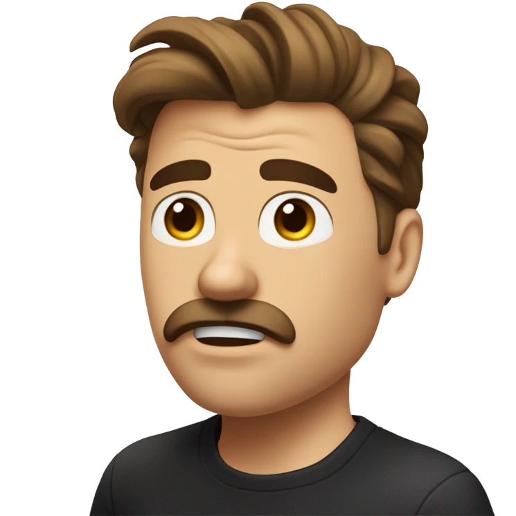  really really annoyed bored look Brown haired guy with a mustache eyes looking up bored look blowing air out of his mouth black T-shirt in his late 30s  brown mustache and hair is in a ponytail emoji