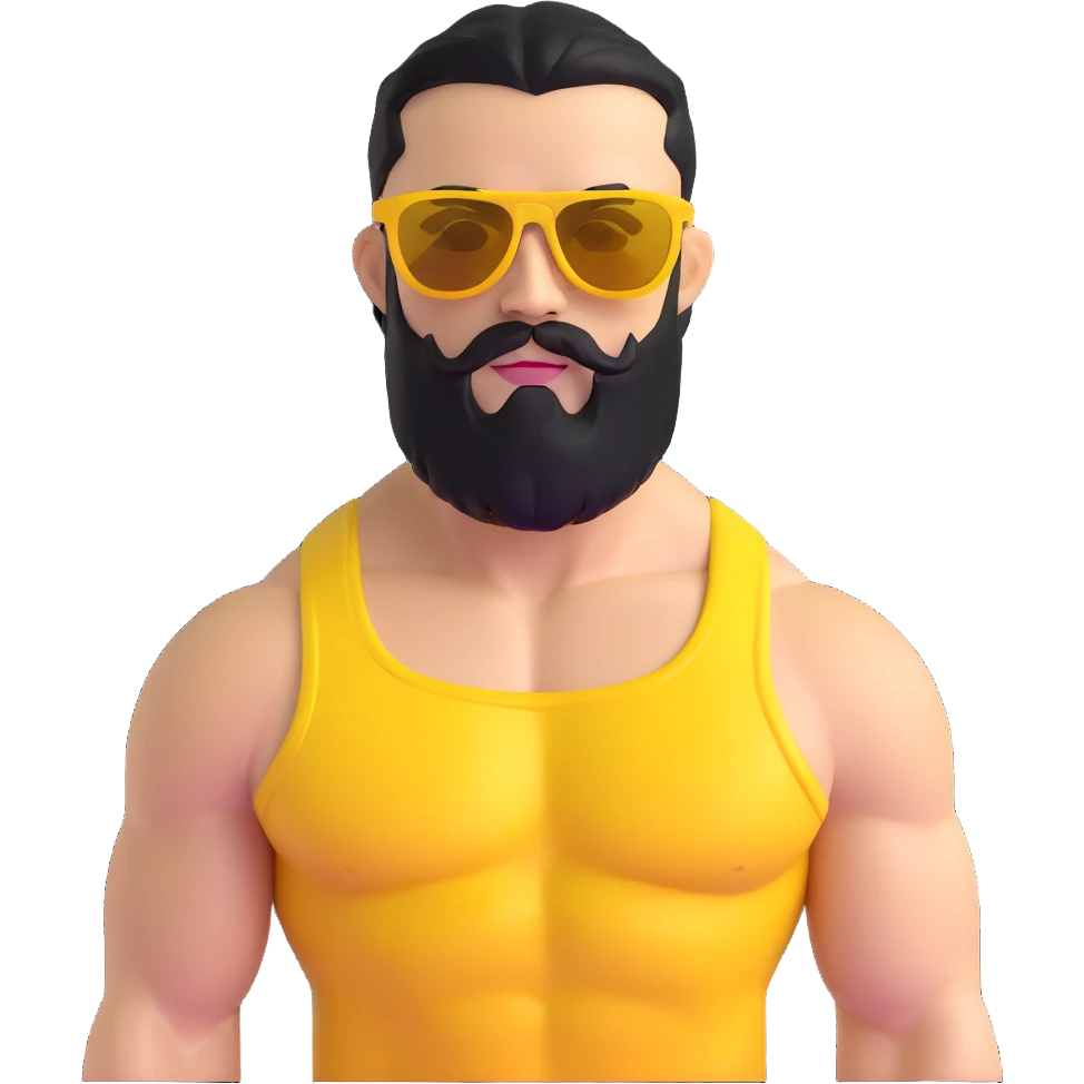 muscular man with black beard wearing yellow sunglasses emoji
