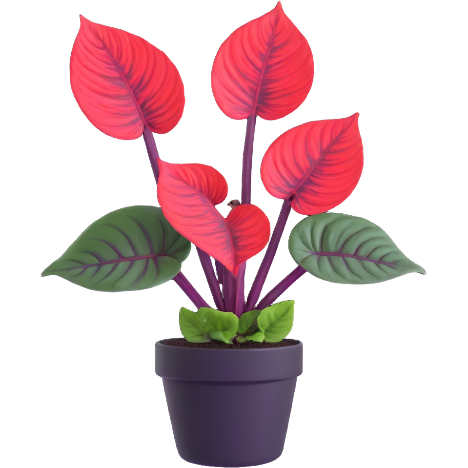 Alocasia azlanii (Red Mambo) plant with heart-shaped leaves in purple and dark green with red veins, in black ceramic pot emoji