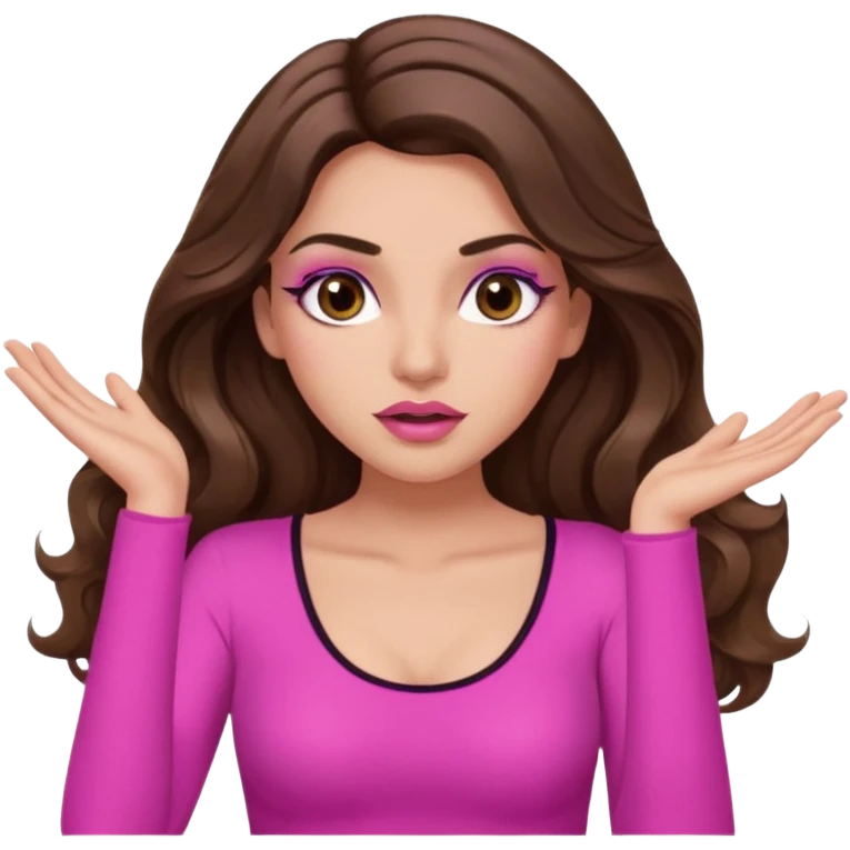 girl with long wavy brown hair, brown eyes, long lashes makeup, sexy pink lips, light to medium complexion, pink sexy top, two hands up, shrugging, confused emoji