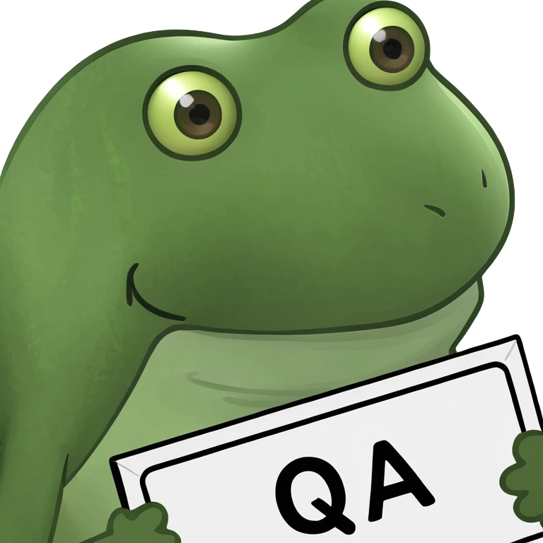 funny frog head emoji holding a big sign above its head with large, clear letters 'QA' emoji