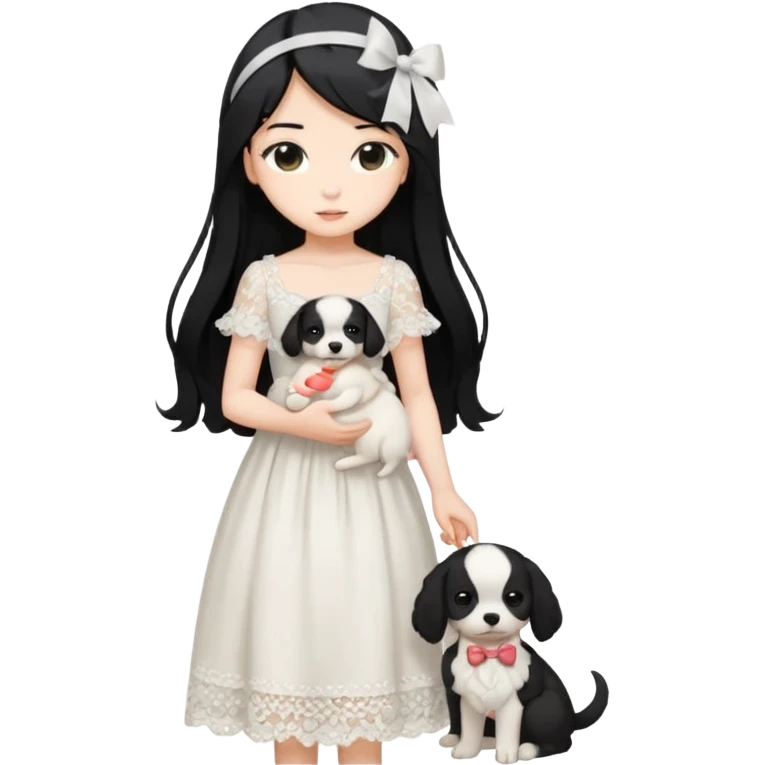 Pastel anime lady long hair with long lace dress full body holding puppy emoji