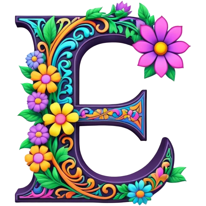 3D, gothic style psychedelic colored Letter C with hippie style flower border emoji