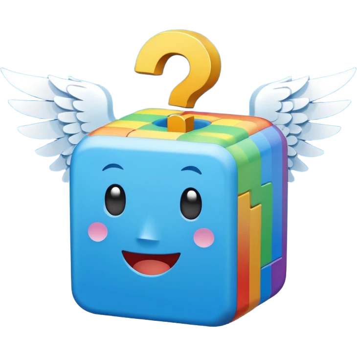  mainly blue and rainbow, the blue being the block itself. The rainbow parts are question marks, corner and smile. It has 2 white wings on each side like the other Lucky Blocks. emoji