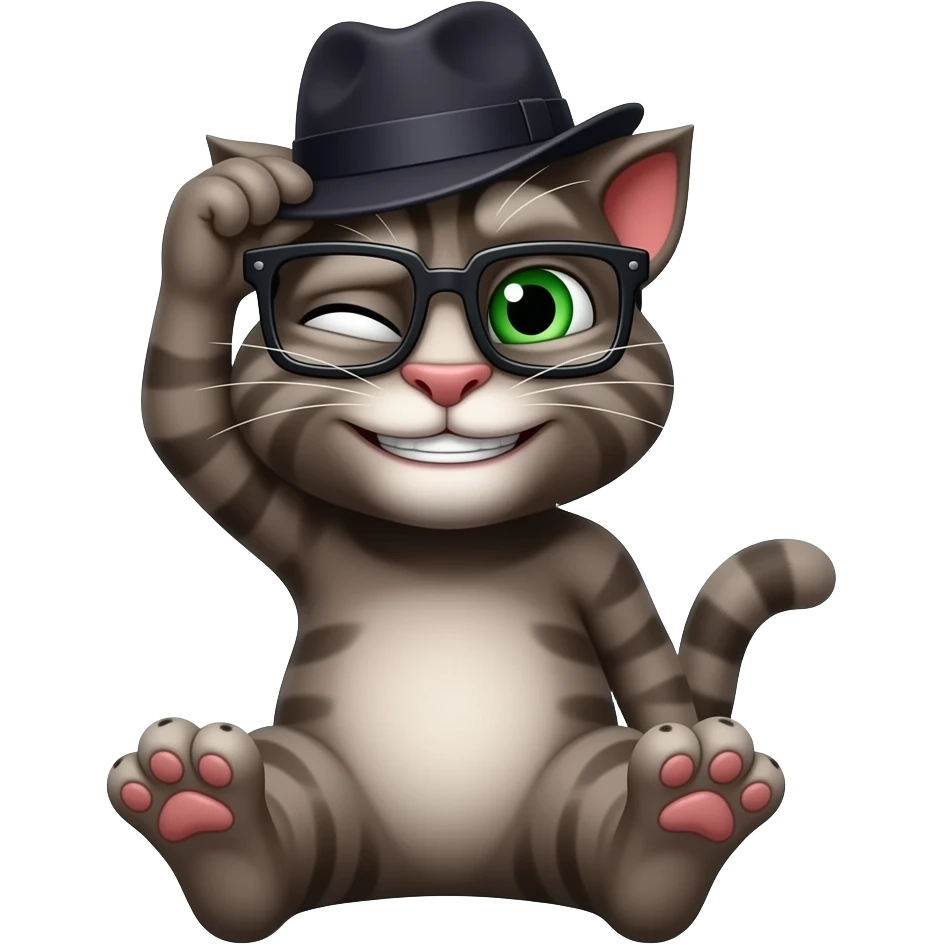 Tom cat face with half lidded smug eyes behind rectangular glasses and a playful grin. A dark fedora is tilted as one hand tips the brim. His cat feet are bend back to appear above his head emoji
