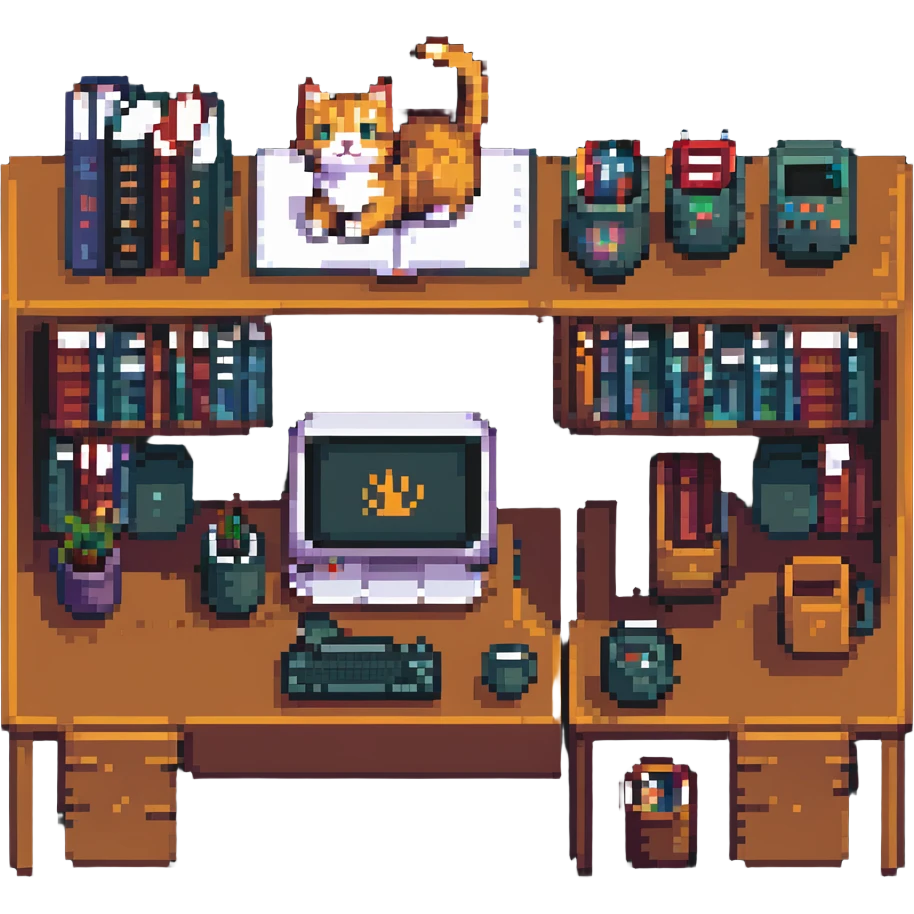 a desk with a cat, books, and computers in pixel art style emoji