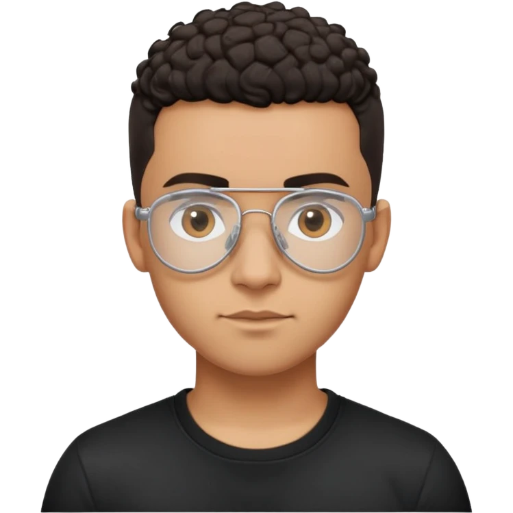 Young Latino man with small oval face and big forehead, clear lens aviator-style eyeglasses with metal frames, completely bald/shaved sides with very short curly dark hair only on top of head, neutral-friendly expression, brown skin, wearing a black t-shirt emoji
