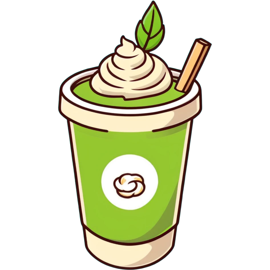 matcha latte in warm olive-brown tones with leaf detail, cute cookie beside it, soft dreamy emoji