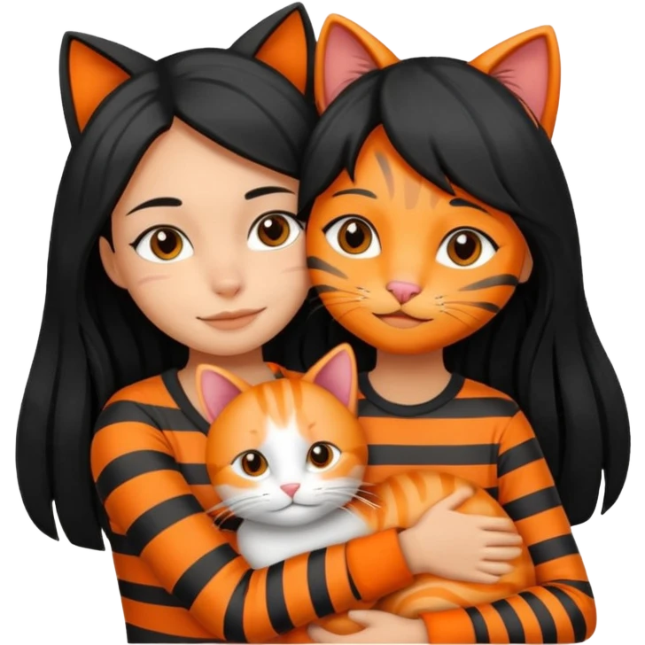 A clean girl with black long hair hugging an orange and a gray cat, both with stripes  emoji