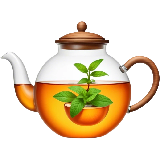Cinematic realistic emoji depicting a transparent teapot with a realistic wooden lid filled with tea and orange and mint leaves floating in it, rich texture, without unnecessary decoration emoji
