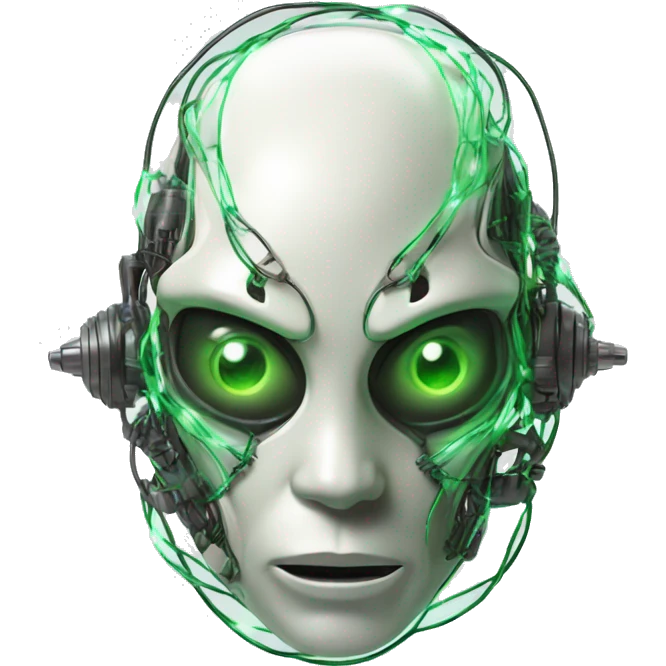 Alien cyborg head with glowing wires and green eyes  emoji