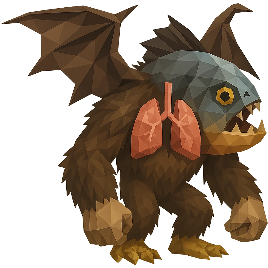 piranha with dragon wings, scaled feet, thick fur, strong arms, anatomical lungs, polygonal style emoji