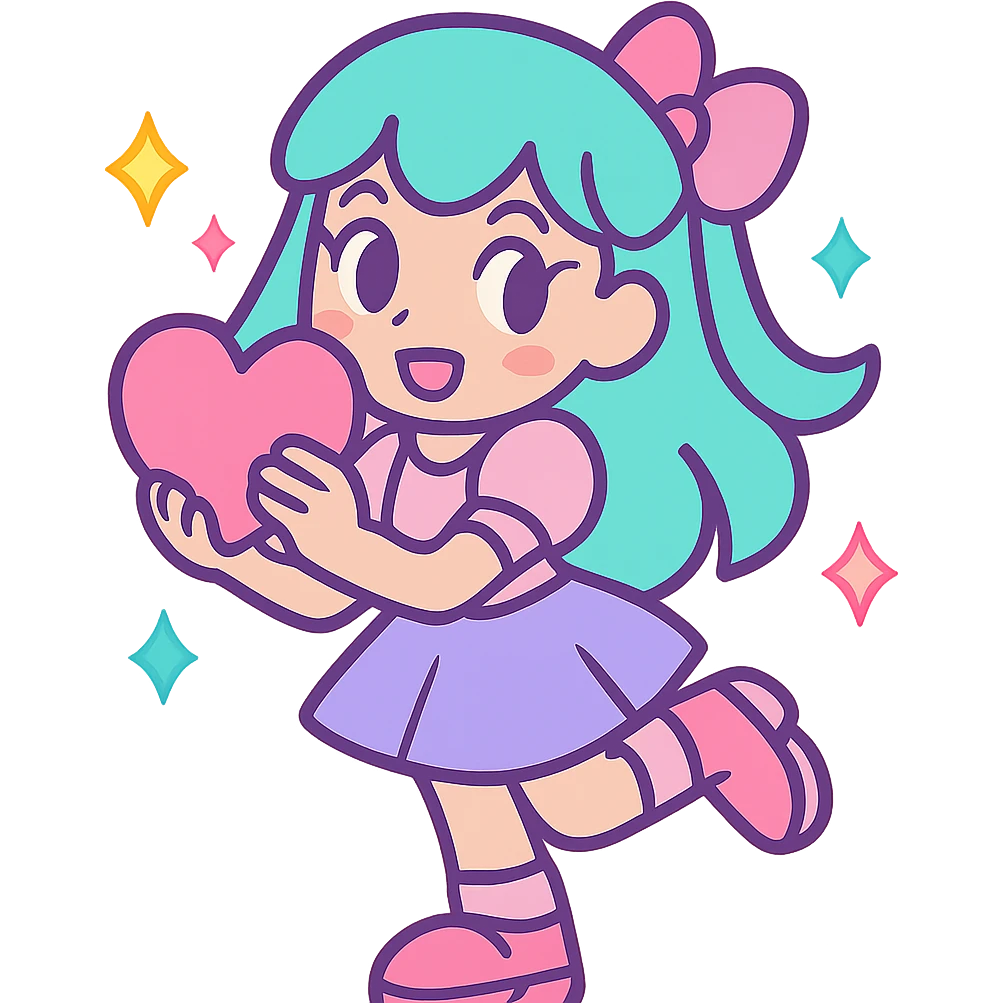 girly girl in pastel colors holding a heart, sparkles, playful pose, vibrant toon style emoji