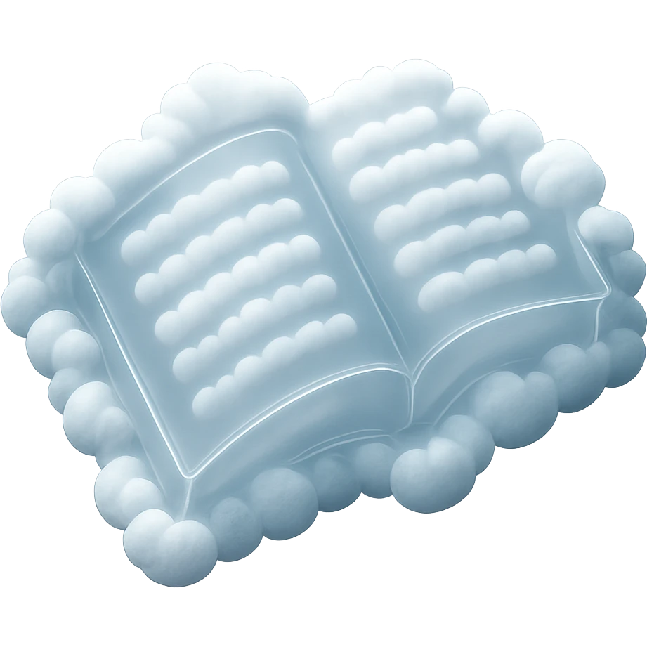 top view of a thick open book made entirely of small, very bright white fluffy convex clouds, matte glass style, emphasis on volume and airiness, no background emoji