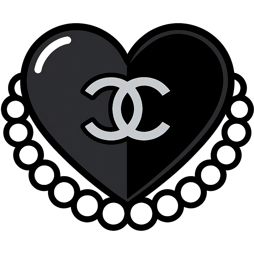 glossy black heart with a string of pearls around it, featuring a silver Chanel logo in the center, elegant, black and white color scheme, color outline icon style emoji
