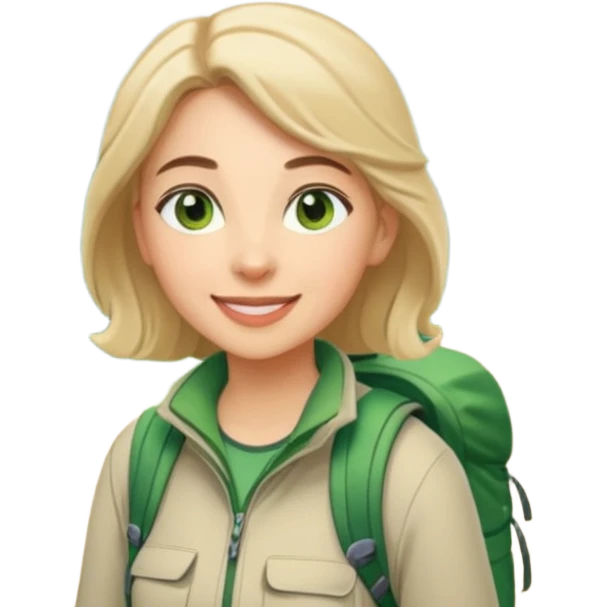 woman hiking in the woods in the sunshine. light face and green eyes. emoji