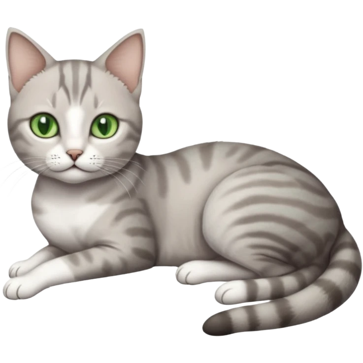 full body tiny short hair grey and white cat with white front legs and green  eyes lying down emoji