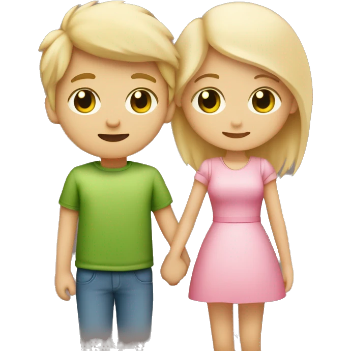 A couple, a cute girl with blonde hair and green eyes holding hands with a cute boy with brown spiky hair and a pink heart in between them emoji