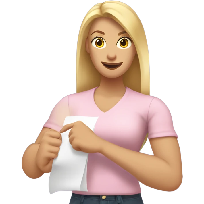 White woman with long blonde hair, wearing a light pink shirt, showing off a completed to do list in one hand, and flexing the muscles in her other arm emoji