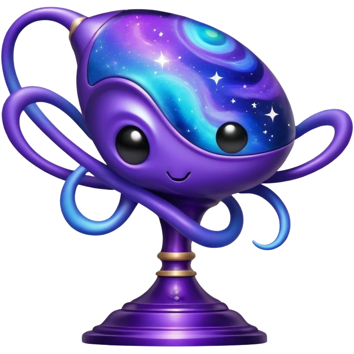 An alien trophy with cosmic colors, deep purples and blues, galaxy swirls, and tiny stars embedded in the design emoji