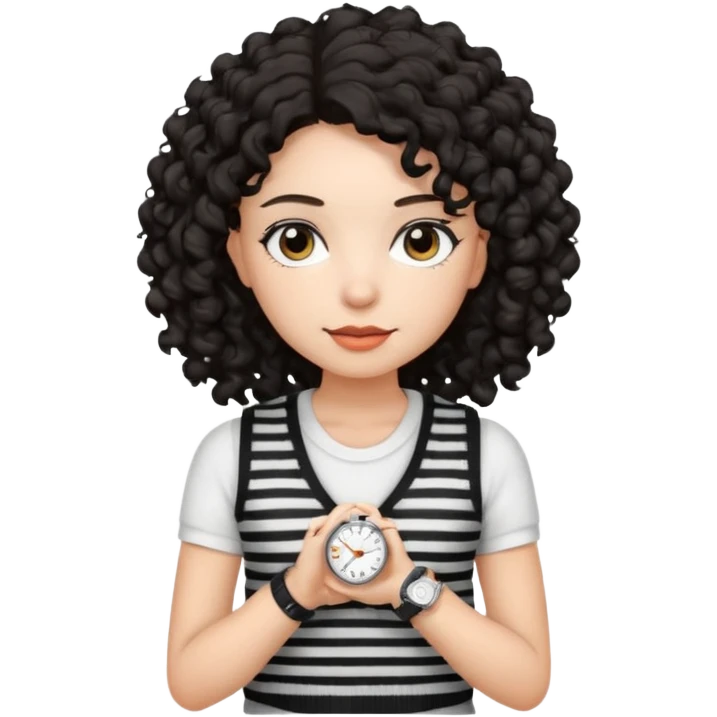 Chica joven con cabello rizado y oscuro, piel clara, vestida con un chaleco tejido blanco con rayas negras y una camiseta blanca debajo. Lleva un reloj plateado  emoji
