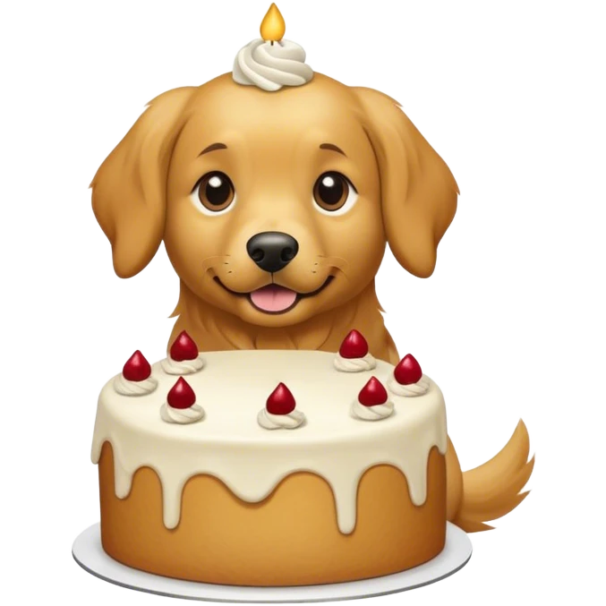 slightly darker colored golden retriever, turning into a cake more realistic looking emoji