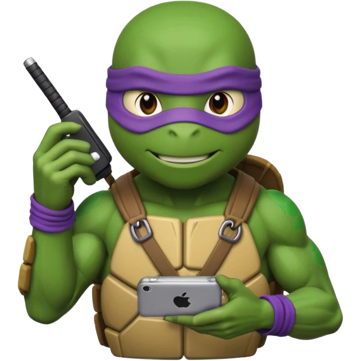 Donatello from Teenage Mutant Ninja Turtles, emoji style, with a tech gadget in hand emoji
