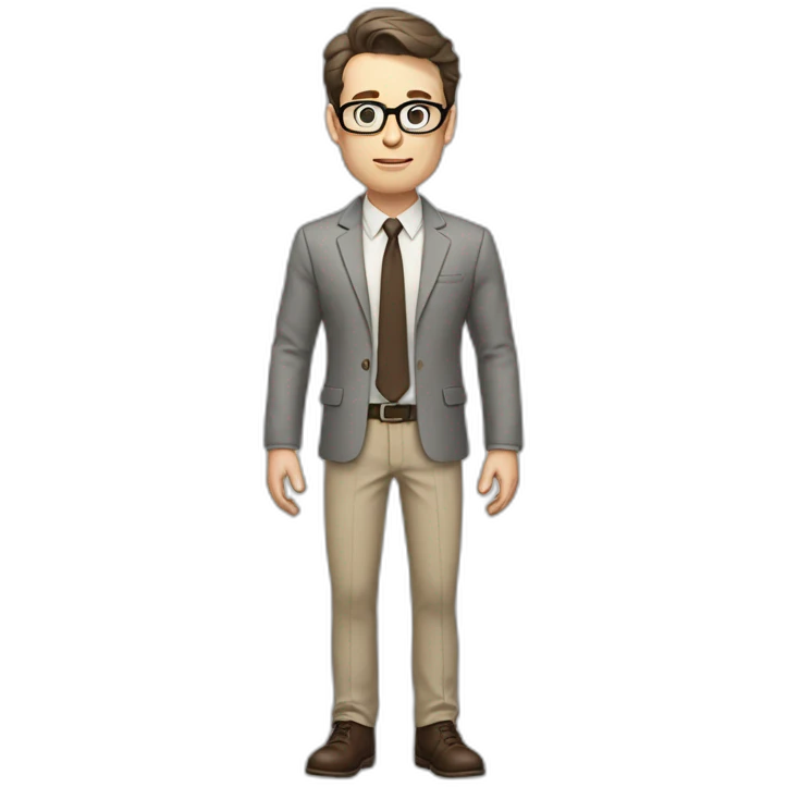 Full height Actively Gesturing Pale skinned fit man with dark brown hair in gray jacket, beige office shirt, brown tie, brown pants and vintage glasses. emoji