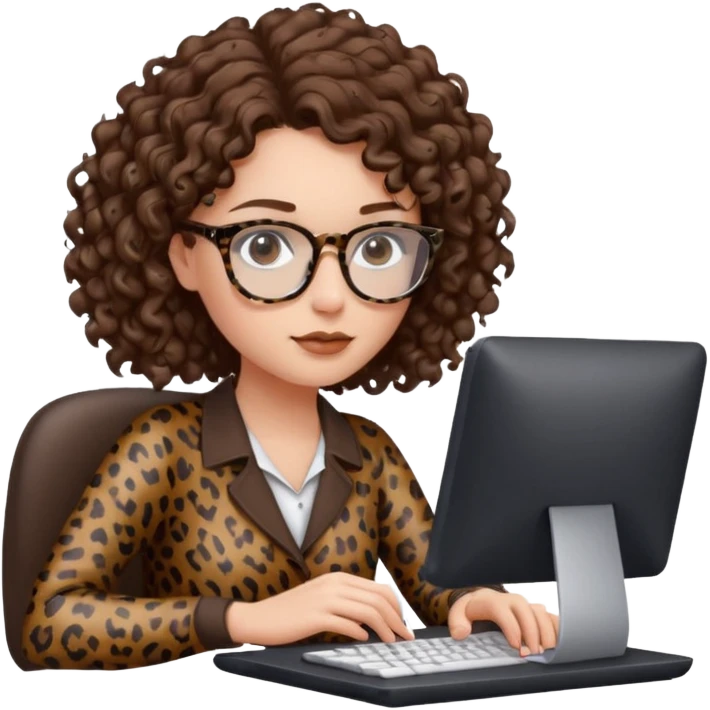 a white young woman with curly brown hair typing in a computer, she's using dark brown leopard glasses and clearly writing something emoji