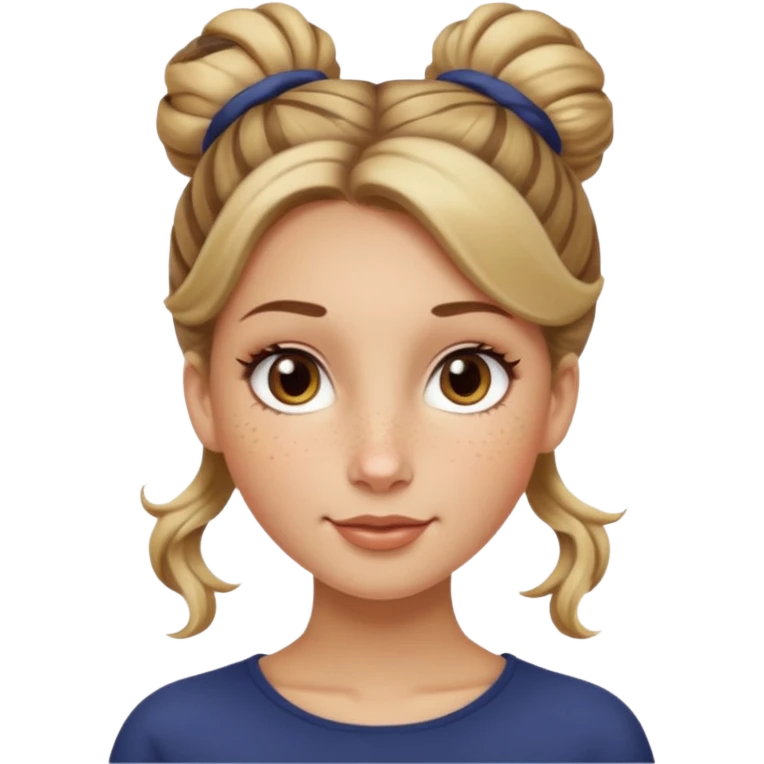 creative women with long dark Blond with highlights semi curly hair white women with hair in a top bun(one bun not two), oval shape face hazel eyes long lashes freckles on the nose high cheek bones emoji