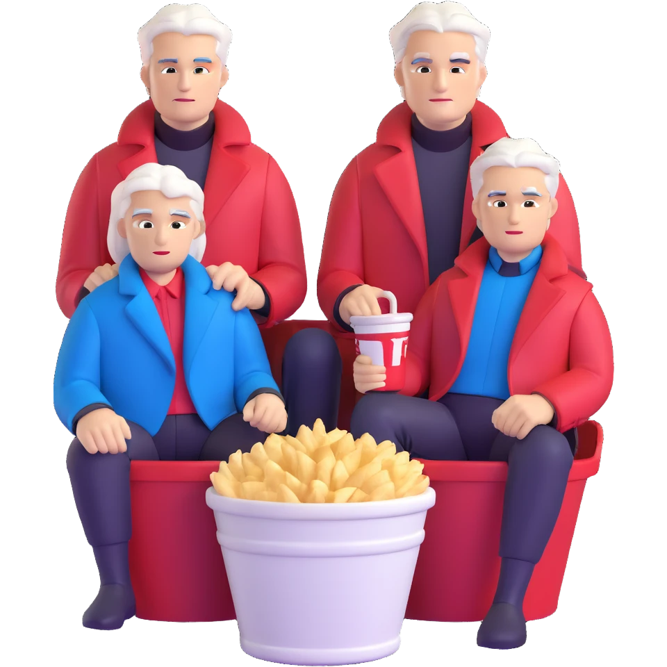 Dante and Vergil from Devil May Cry sitting together in a KFC family bucket, Dante in red coat, Vergil in blue coat, both with white hair emoji