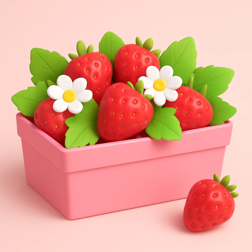 A pink box of strawberries in the 3D iOS model. The box is pink. The strawberries are red with green leaves. The background is plain and light pink. emoji