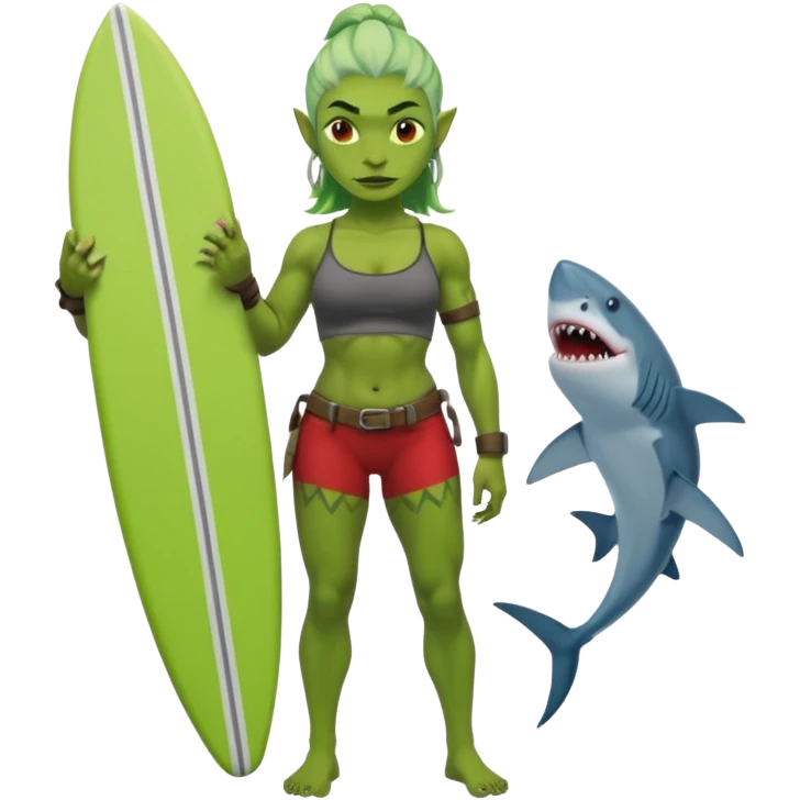 orc female holds a little surfboard with a shark painted vertically in his hands emoji