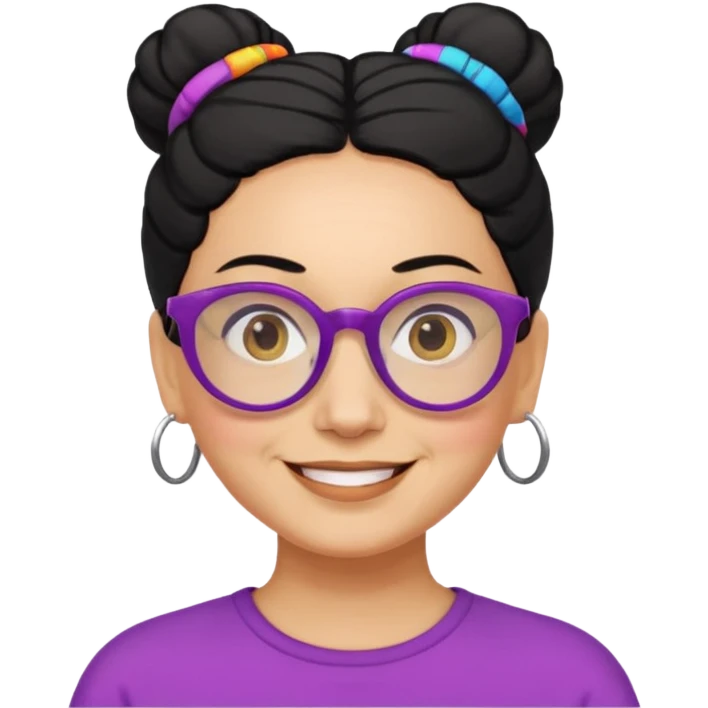 light skin middle aged with low bun in black hair with colorful glasses emoji
